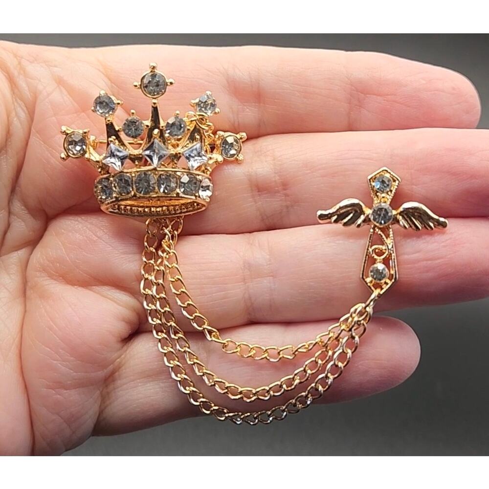 Crown and Angel Tassel Chain Brooch Rhinestones on Gold Tone Metal